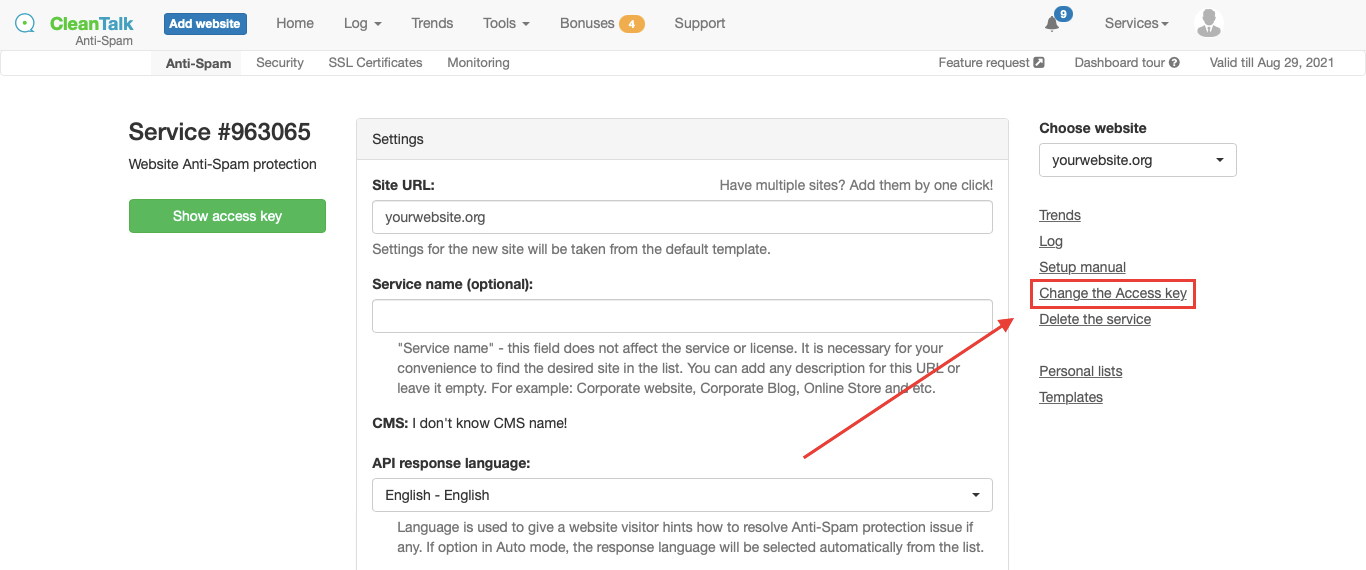 Changing your website access key