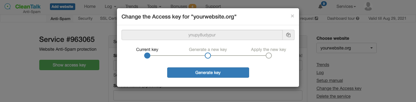 Changing your website access key