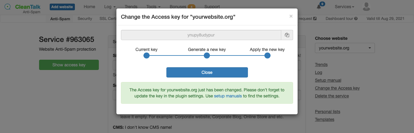 Changing your website access key